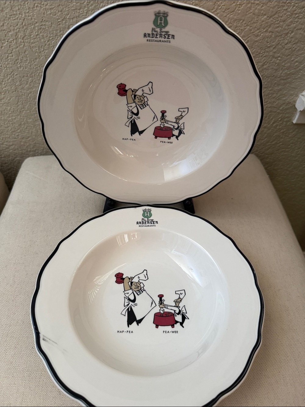 2 Iconic “Andersen Pea Soup Restaurants” Soup Bowls featuring Hap-Pea & Pea-Wee